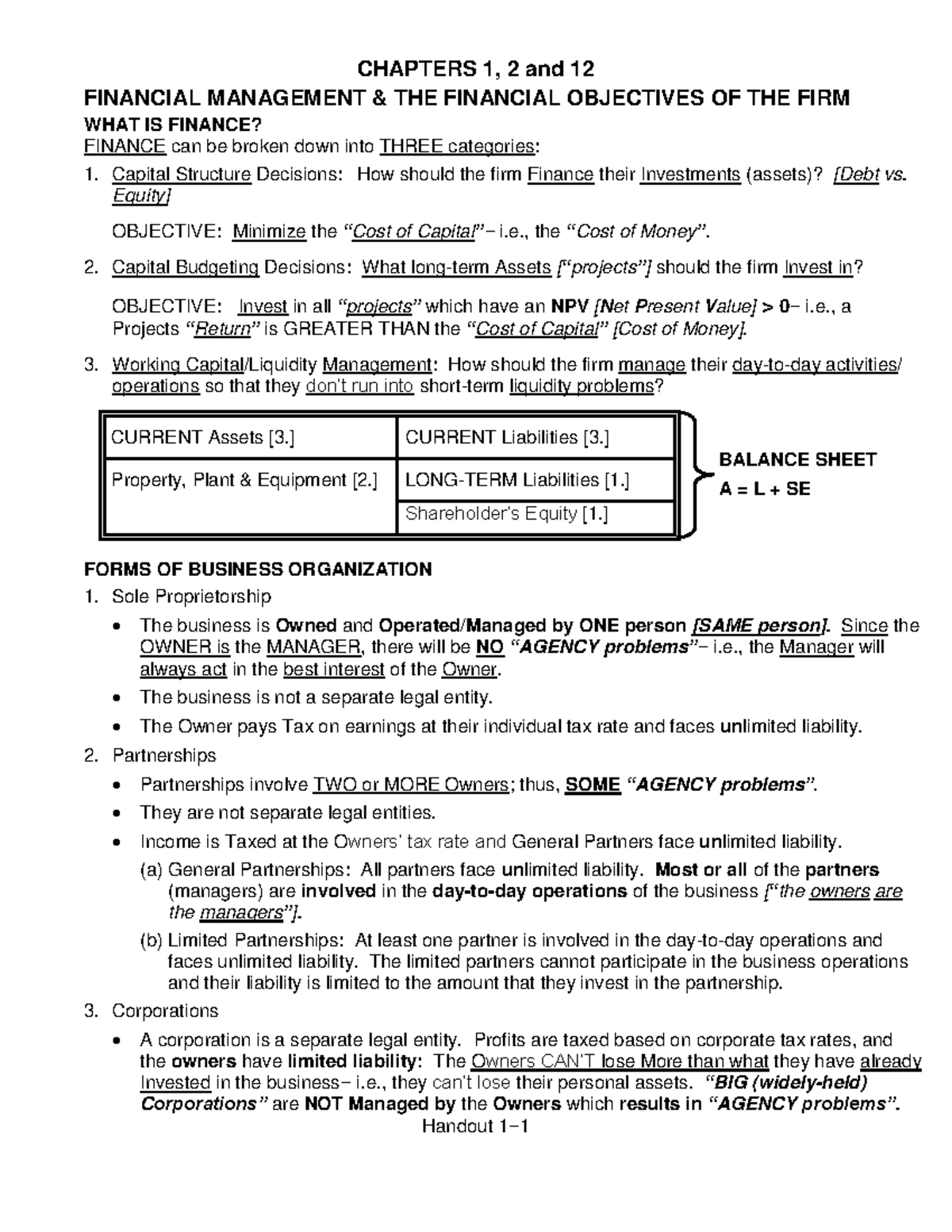 FMGT2371 chapter 1,2,12 notes blank - CHAPTERS 1, 2 and 12 FINANCIAL ...