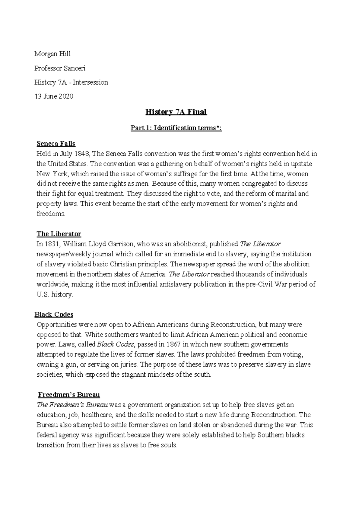 History Final - Grade: A - Morgan Hill Professor Sanceri History 7A ...