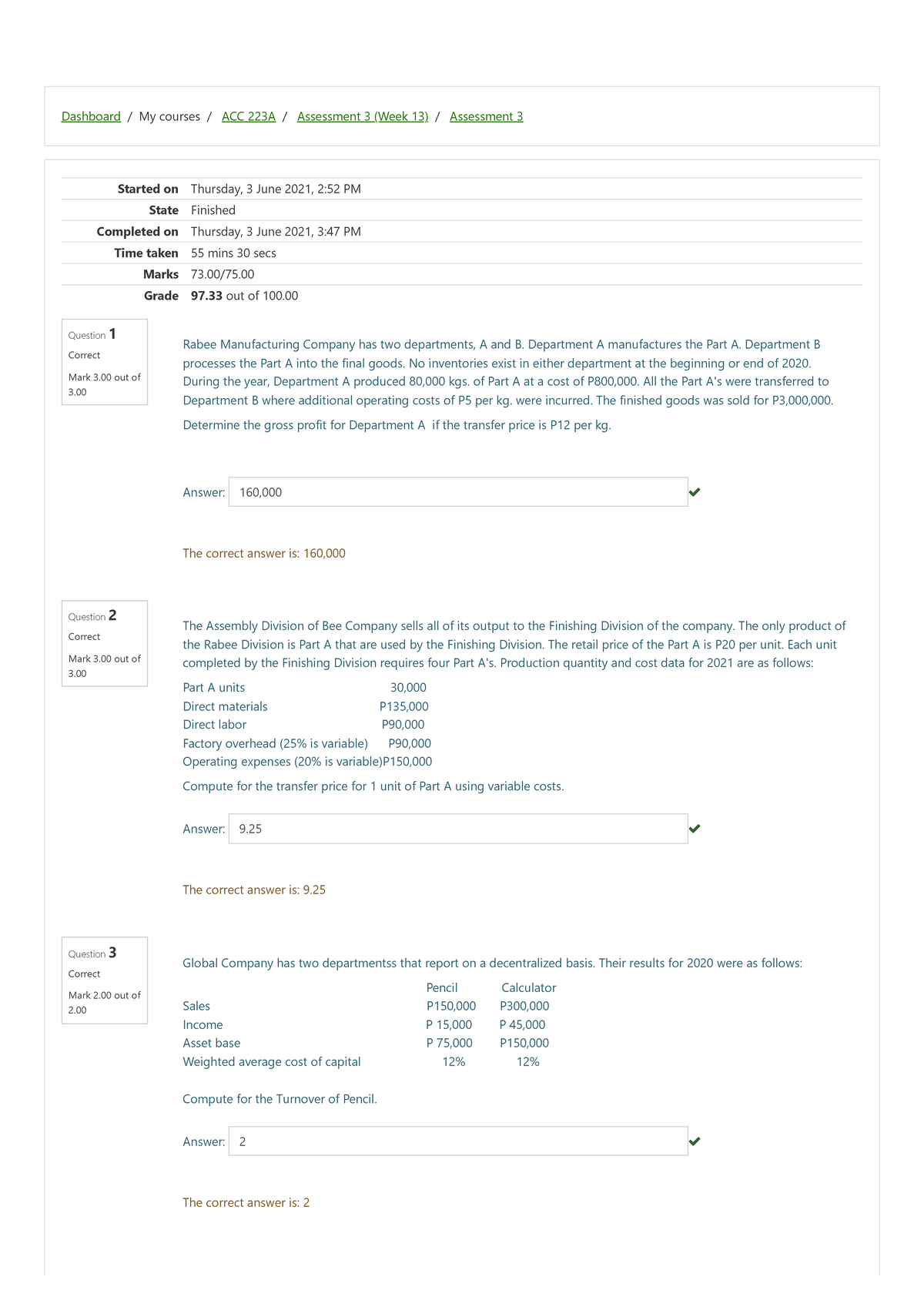 Assessment 3 asd Dashboard / My courses / ACC 223A / Assessment 3