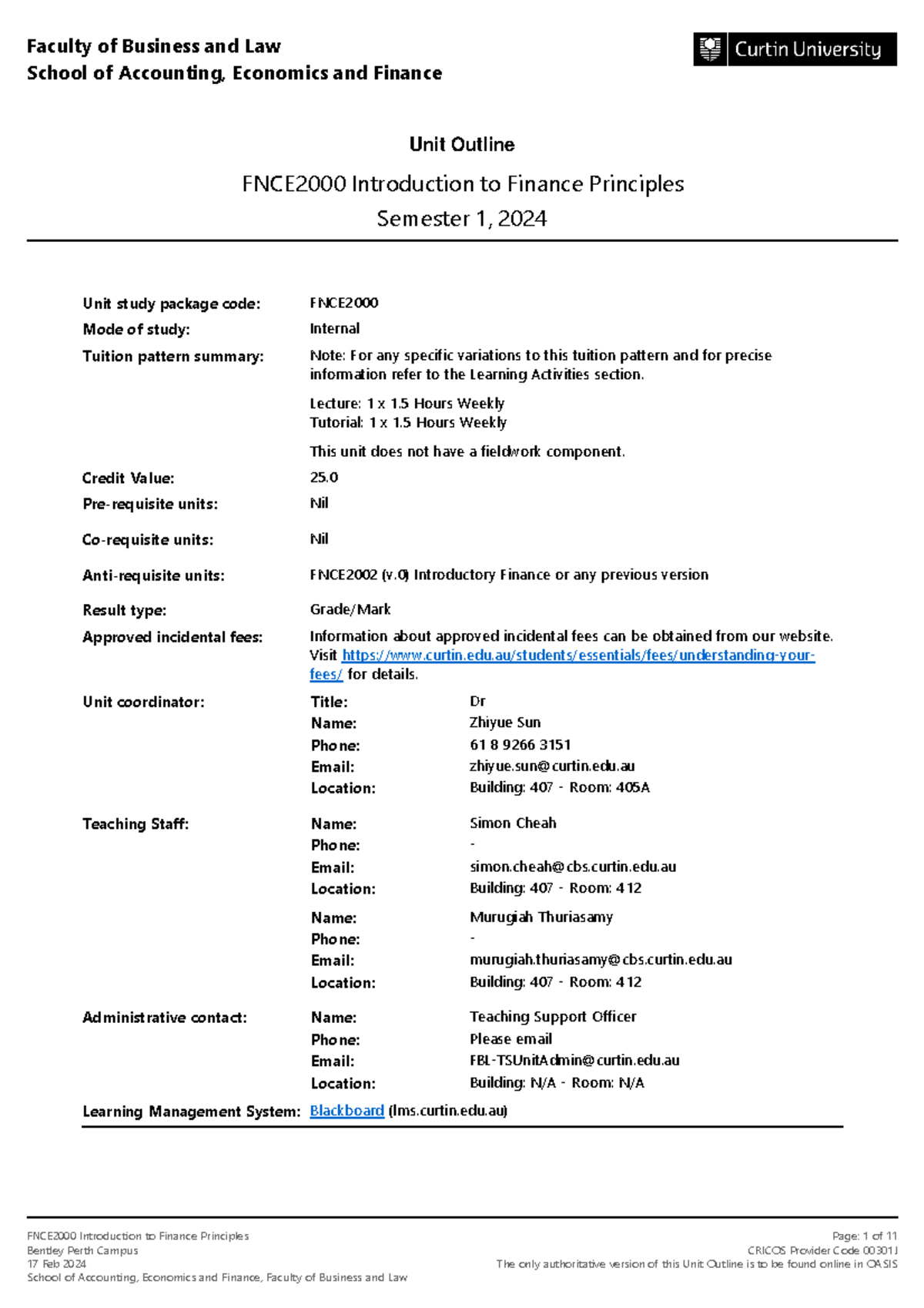 FNCE2000 Introduction to Finance Principles Semester 1 2024 Bentley ...