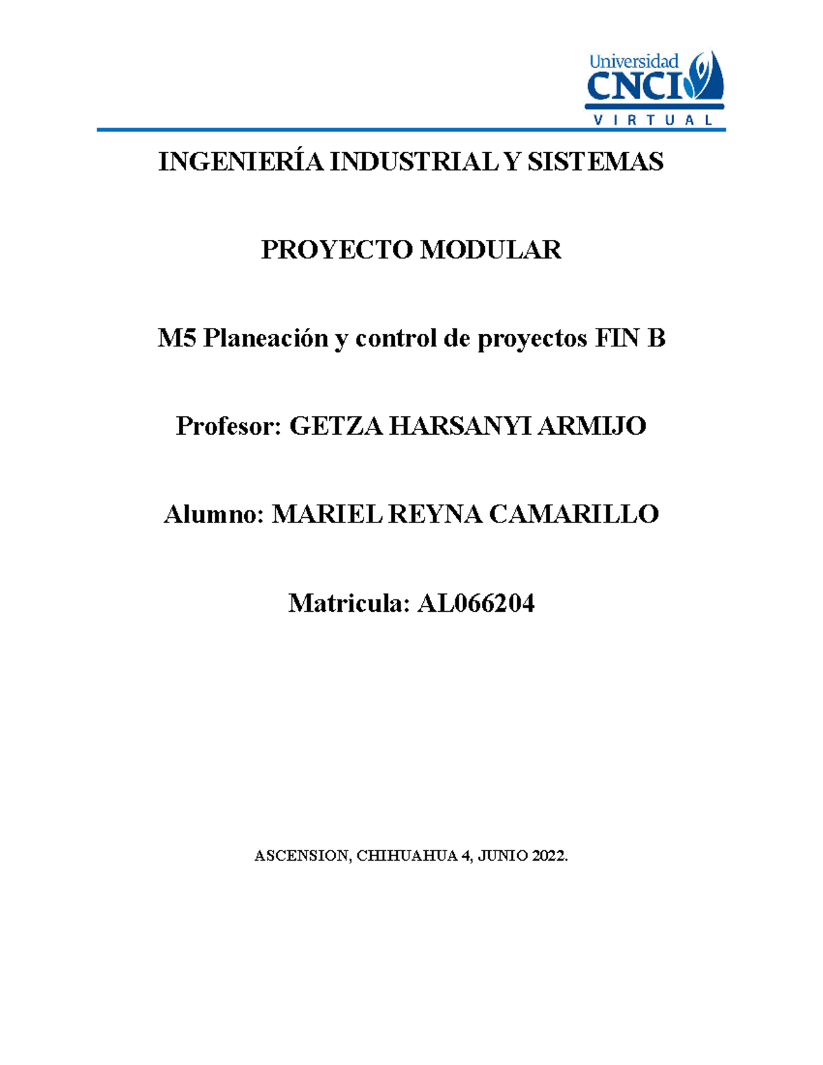 Planeacion y control de proyectos Modular INGENIERÍA INDUSTRIAL Y