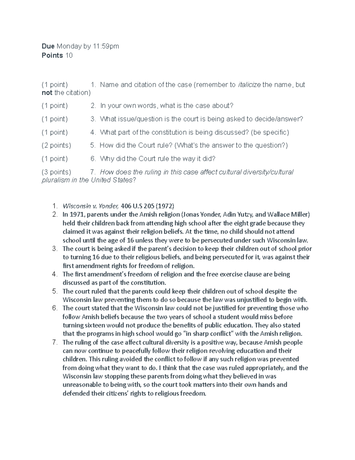 12. Wisconsin v. Yoder Case Due Monday by 1159pm Points 10 (1 point