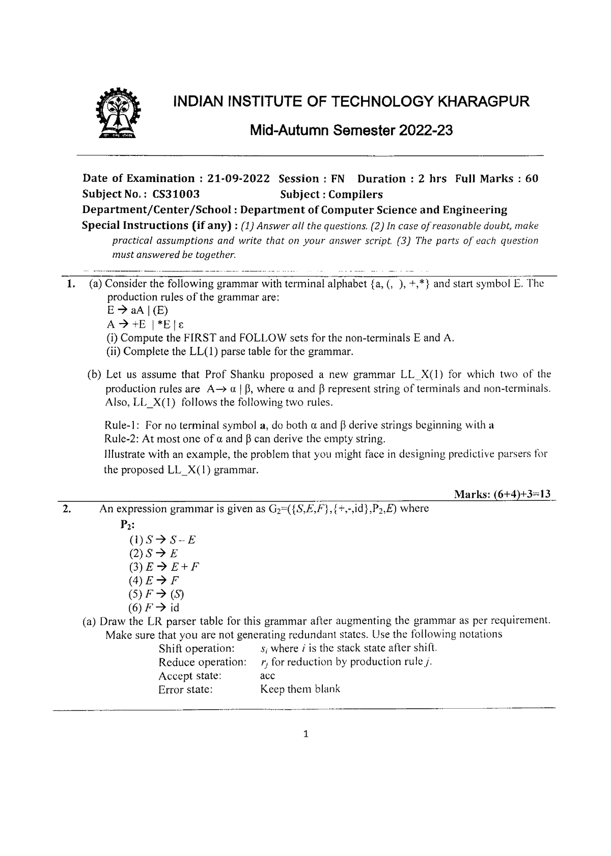 CS31003 Compilers MA 2022 - B.Tech. Comprehensive Viva - Studocu