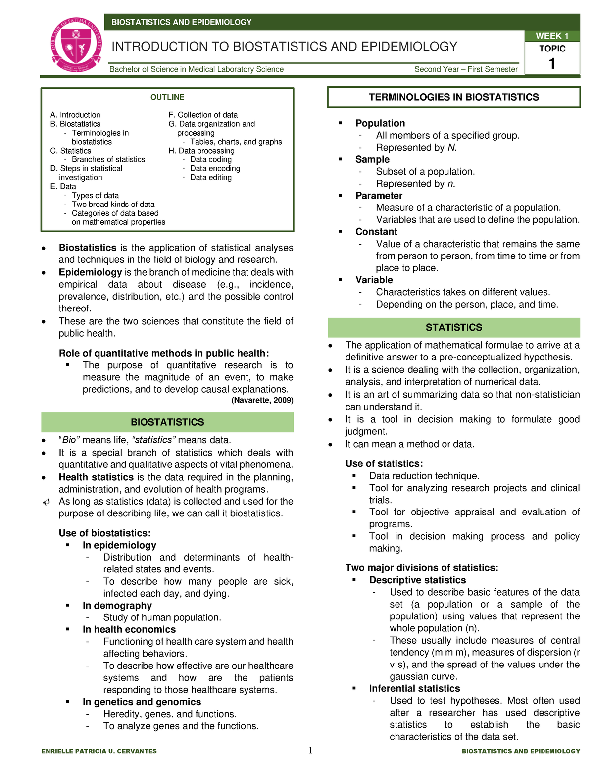 1P-BIOE - Prelim notes - Biostatistics is the application of ...