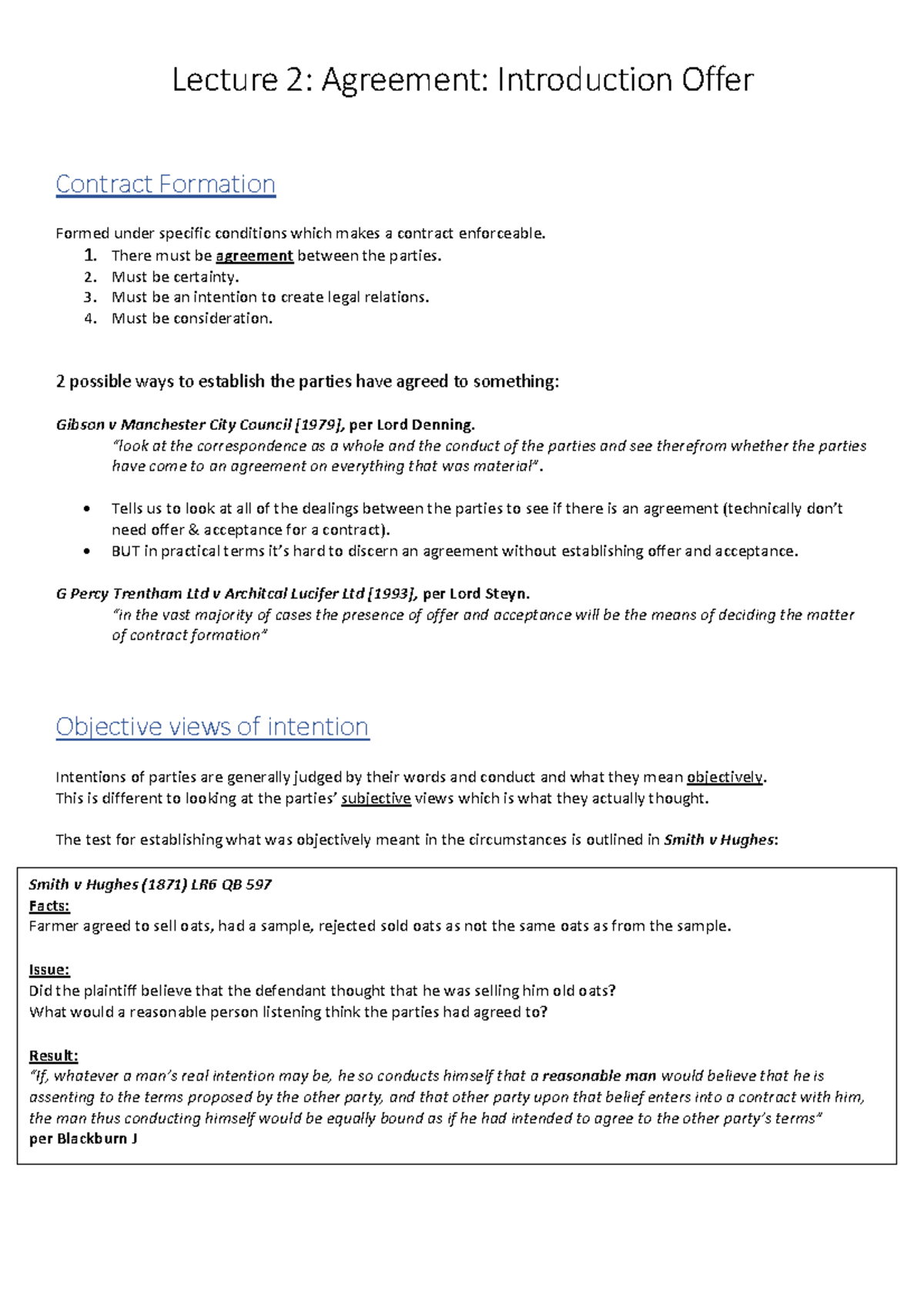 Introduction to Offers Lecture 2 notes - Lecture 2: Agreement ...