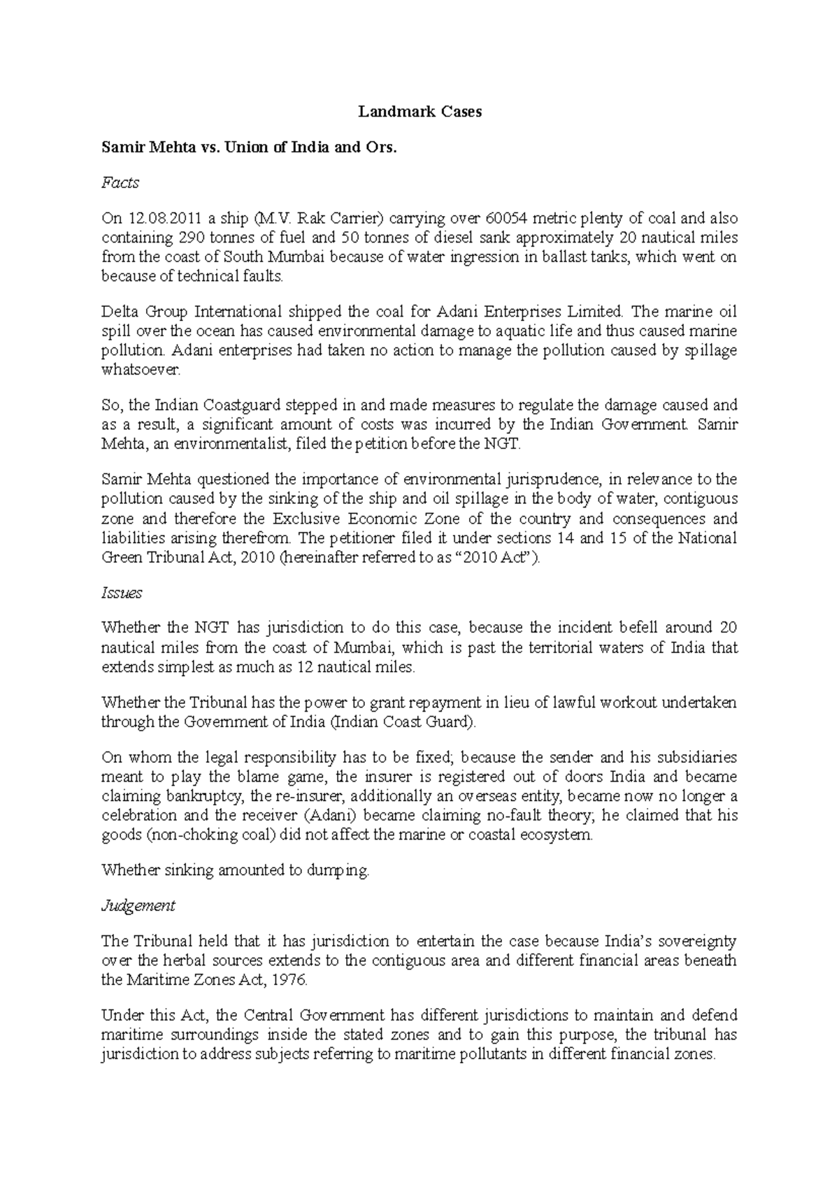 Landmark CasesNGT cases Landmark Cases Samir Mehta vs. Union of