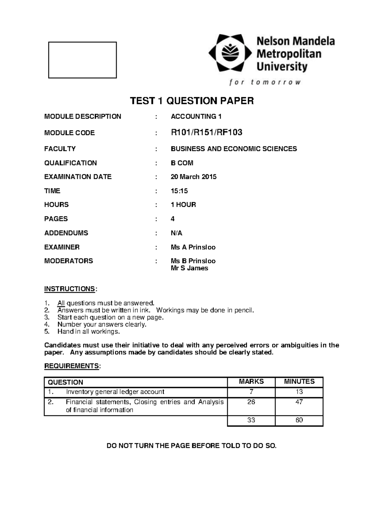 2015 R101 Test 1 Question - TEST 1 QUESTION PAPER MODULE DESCRIPTION ...