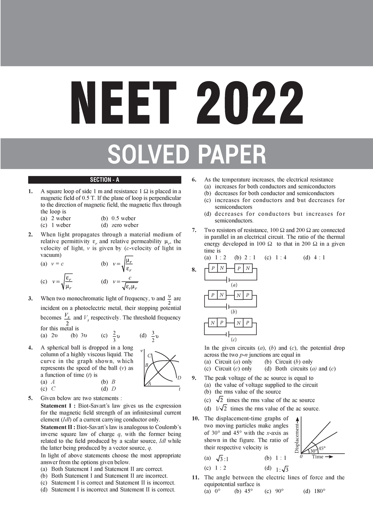 NEET Physics Solved Paper 2022 - Solved Paper 2022 1 SECTION - A A ...