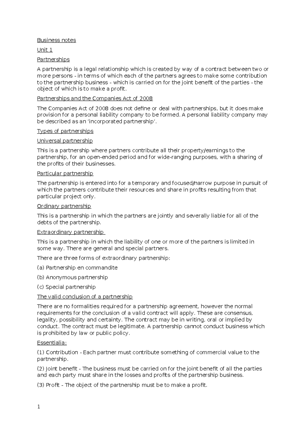 Business LAW Notes - Business notes Unit 1 Partnerships A partnership ...