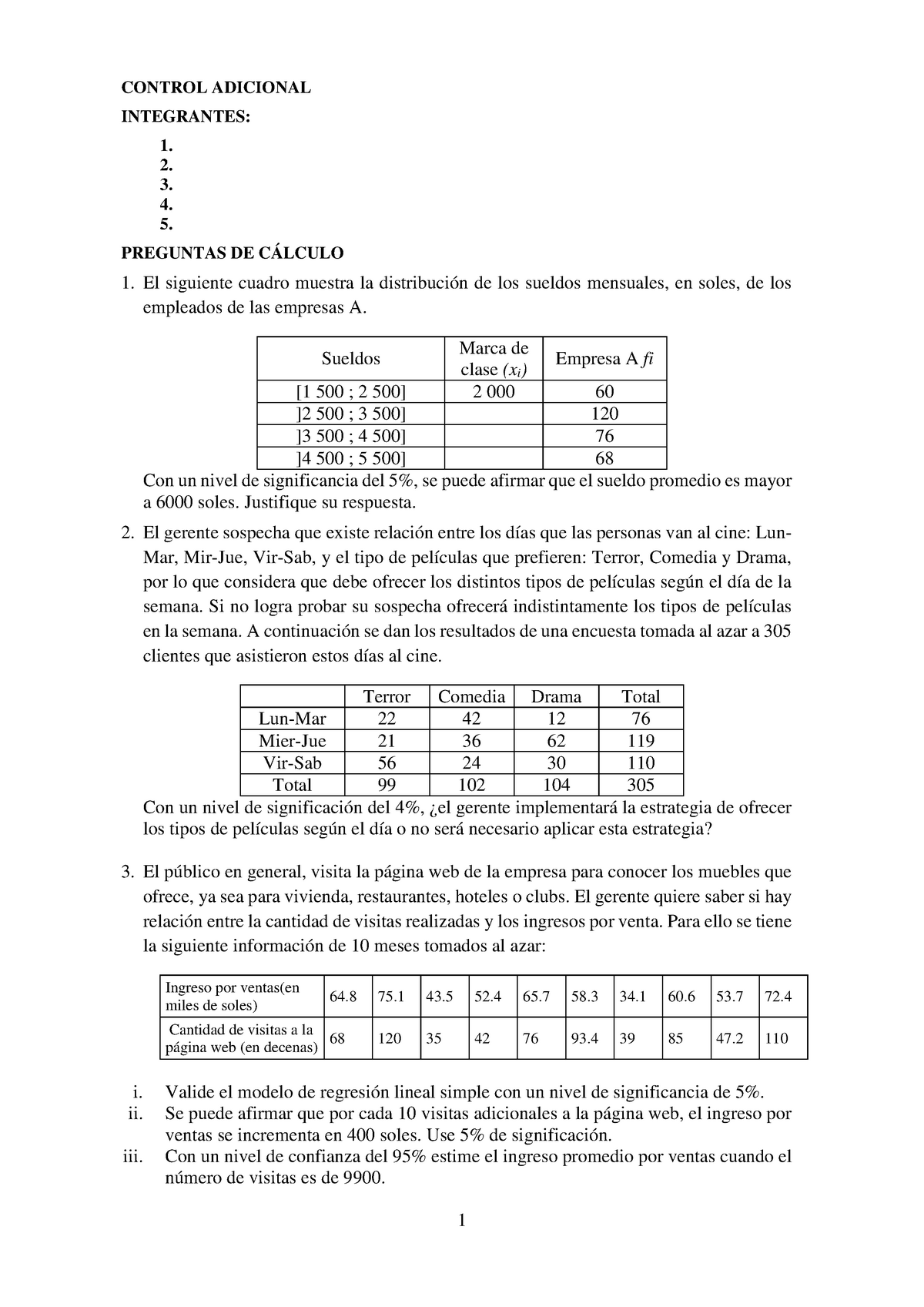 Ejercicios De Analisis De Varianza - 1 CONTROL ADICIONAL INTEGRANTES: 1 ...