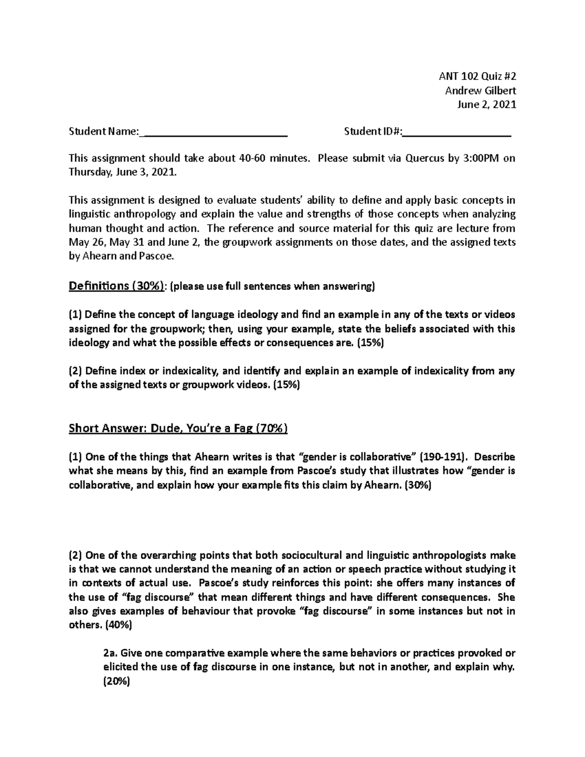 ANT 102 2021 Quiz 2 - ANT 102 2021 Quiz 2 - ANT 102 Quiz # Andrew ...