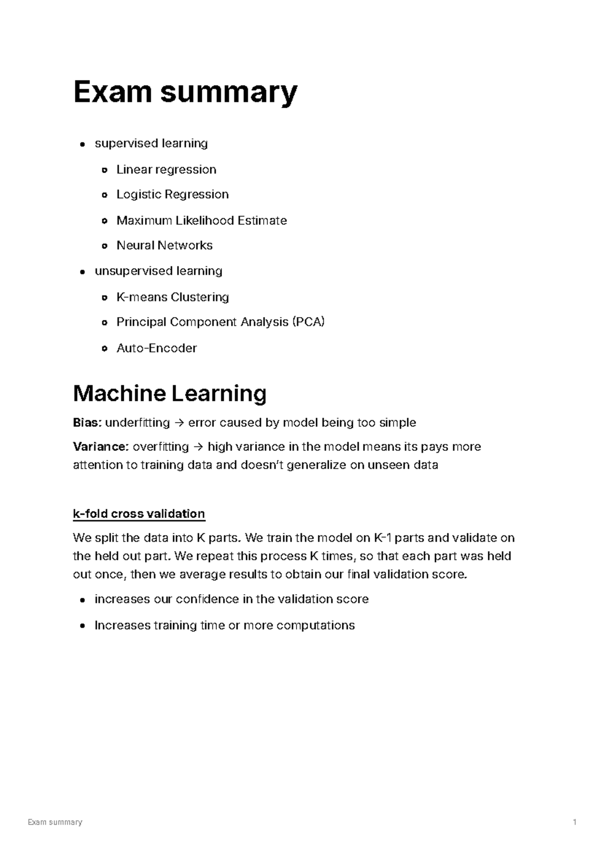 total Exam summary - Exam summary supervised learning Linear regression ...