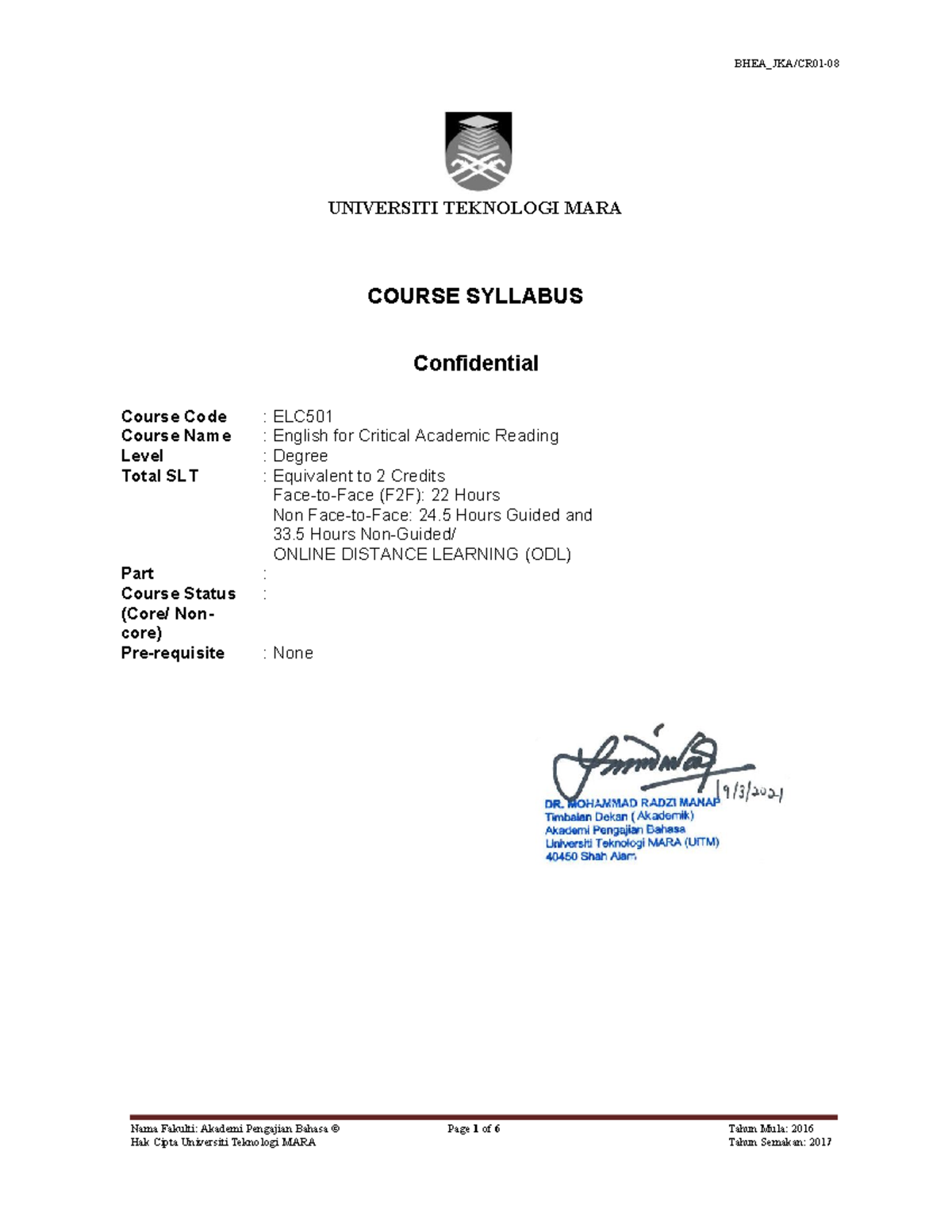 Elc501 Syllabus March 2021 Odl English For Critical Academic Studocu