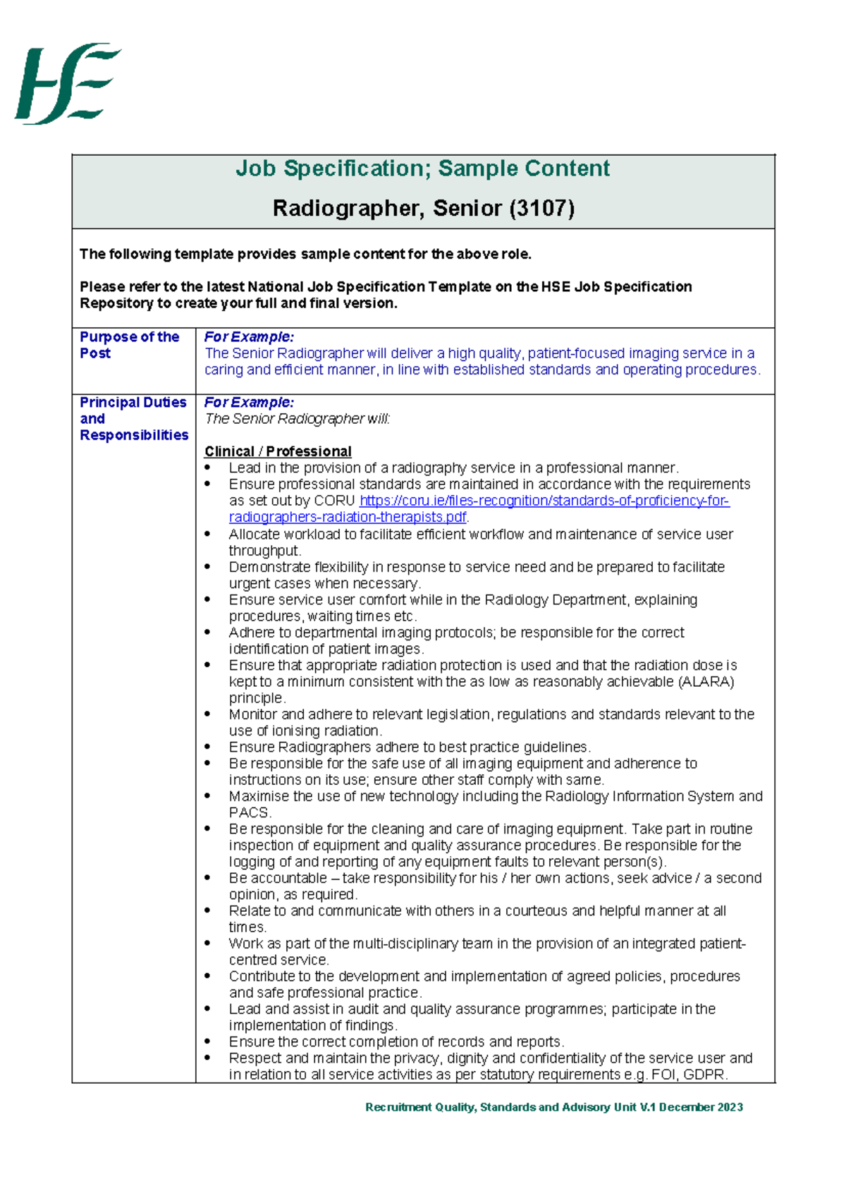 Radiographer senior 3107 js v1 2023 - Job Specification; Sample Content ...