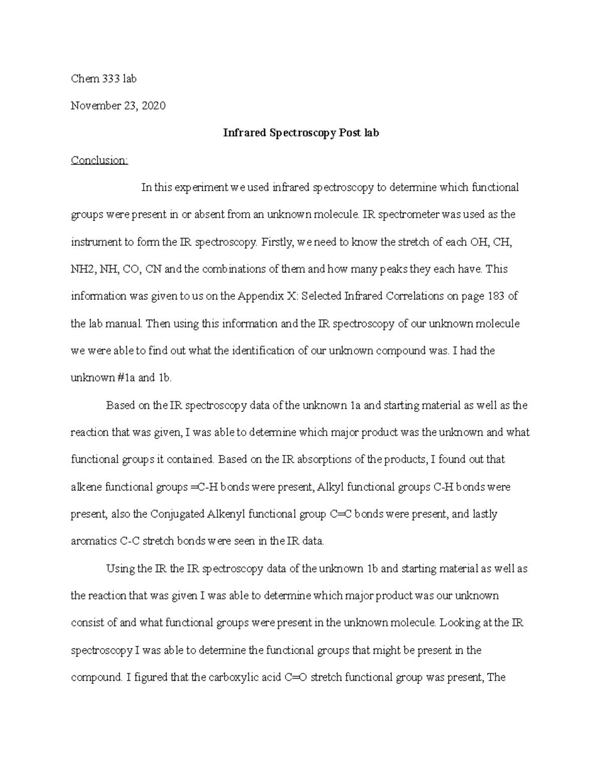 Infrared Spectroscopy Post lab Chem 333 lab November 23, 2020