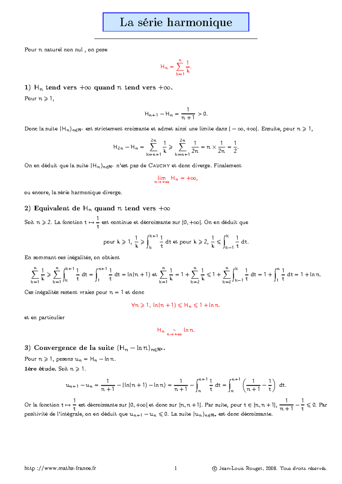Serie harmonique et constante d euler - La série harmonique Pour n ...