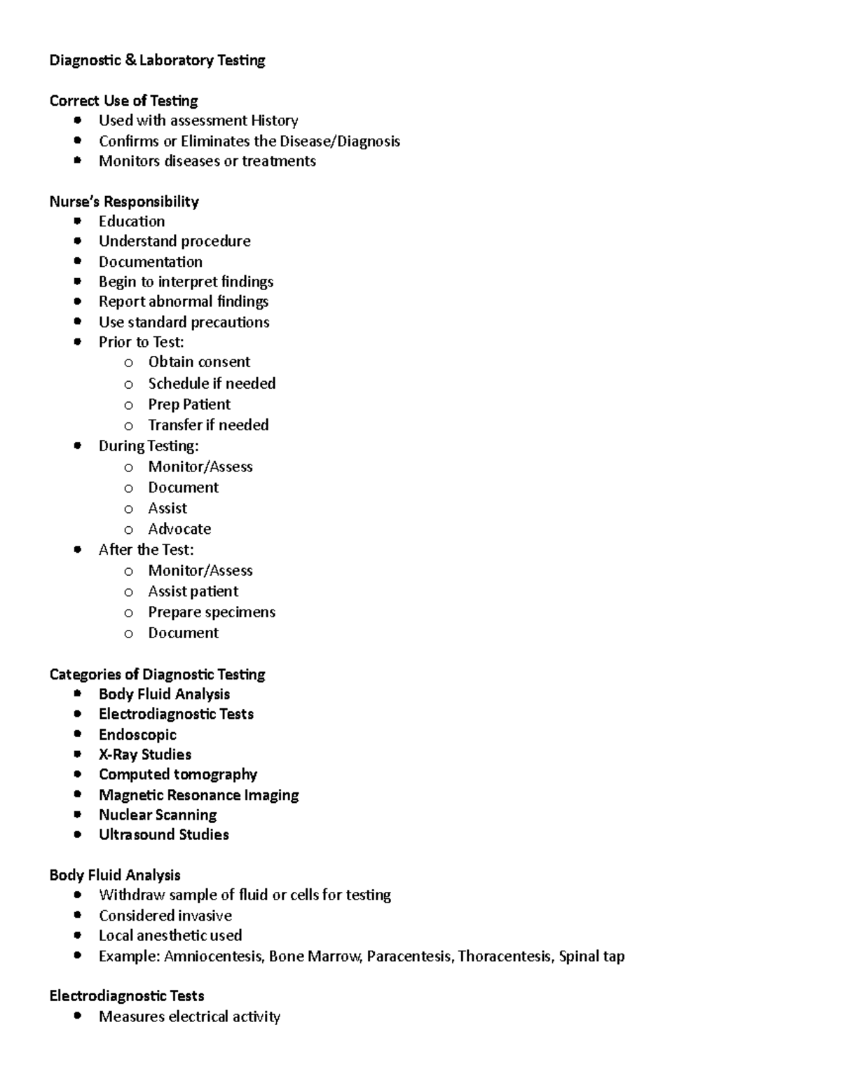 LAB AND Diagnostic Testing Notes Diagnostic & Laboratory Testing