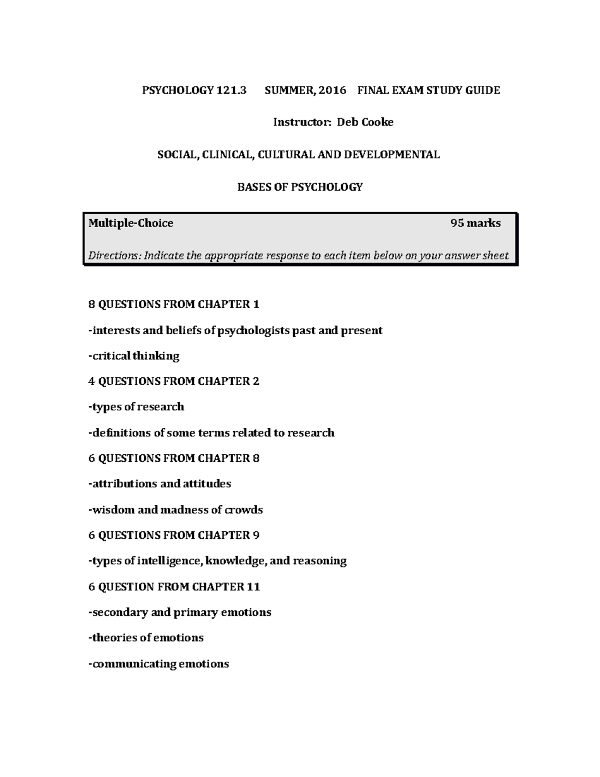 Final Exam study - Psych 121 - PSY120 - U of S - Studocu