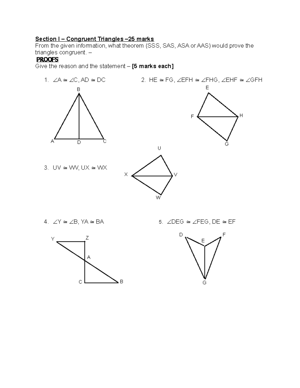 Section I - worksheet - Section I – Congruent Triangles –25 marks From ...