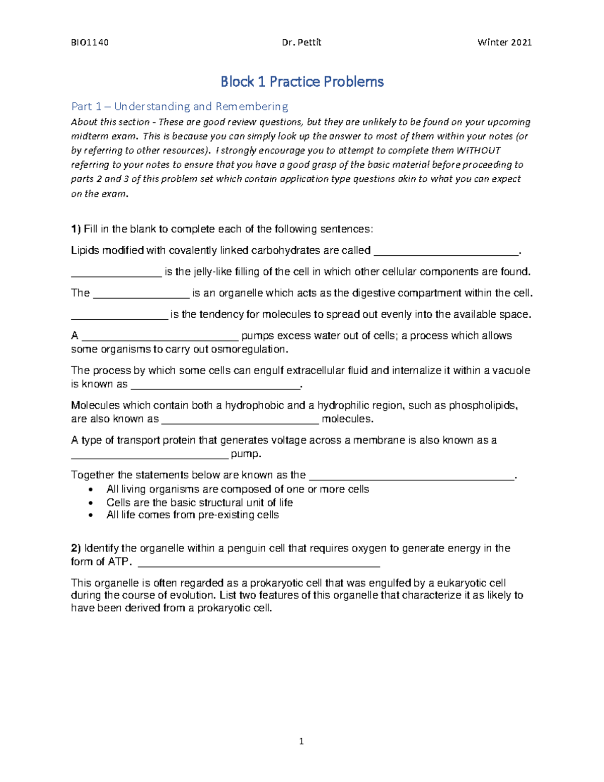 BIO1140 MT1 practice problems W2021 - Block 1 Practice Problems Part 1 ...