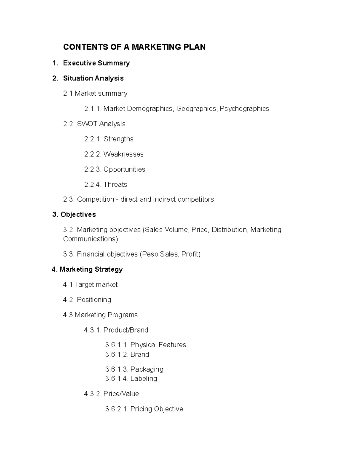 Contents Of A Marketing Plan - Contents Of A Marketing Plan 1 