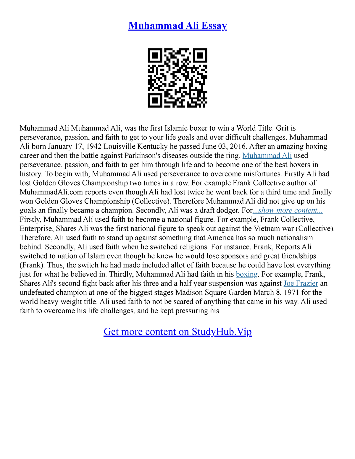 short essay about muhammad ali