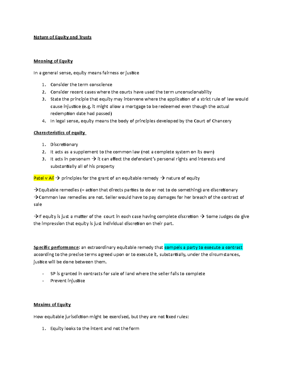 Summary - general notes of the chapters - Nature of Equity and Trusts ...