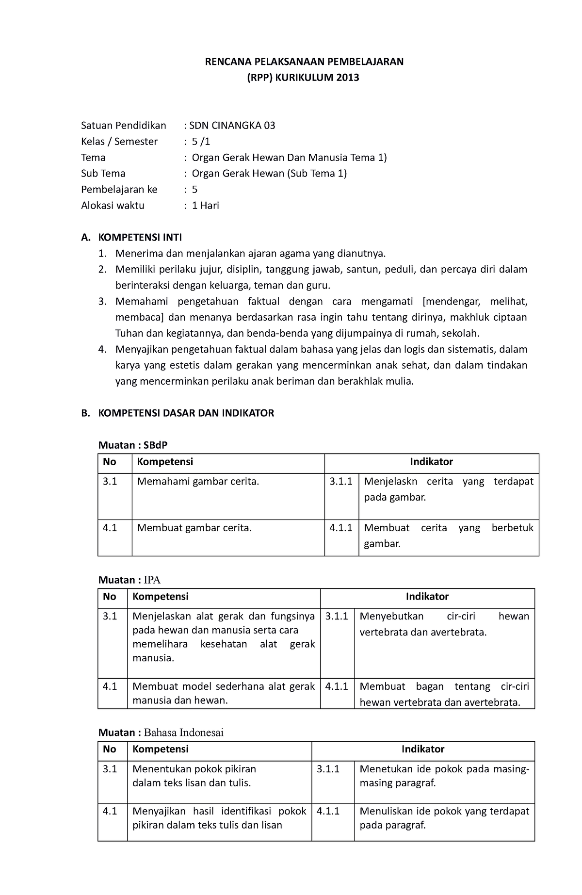 RPP Tema1 Sub1 Pb5 - RENCANA PEMBELAJARAN - RENCANA PELAKSANAAN ...