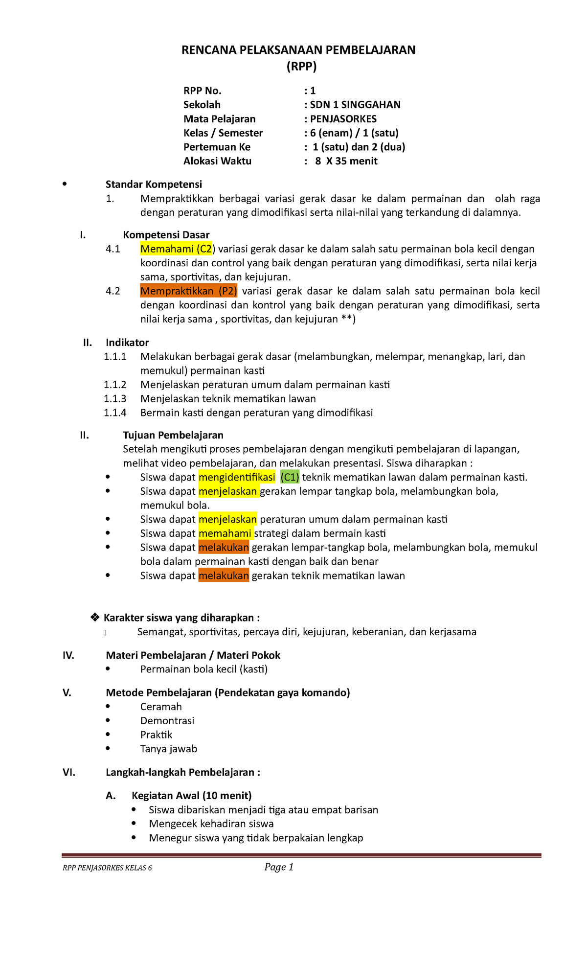 Contoh RPP - RENCANA PELAKSANAAN PEMBELAJARAN (RPP) RPP No. : 1 Sekolah ...