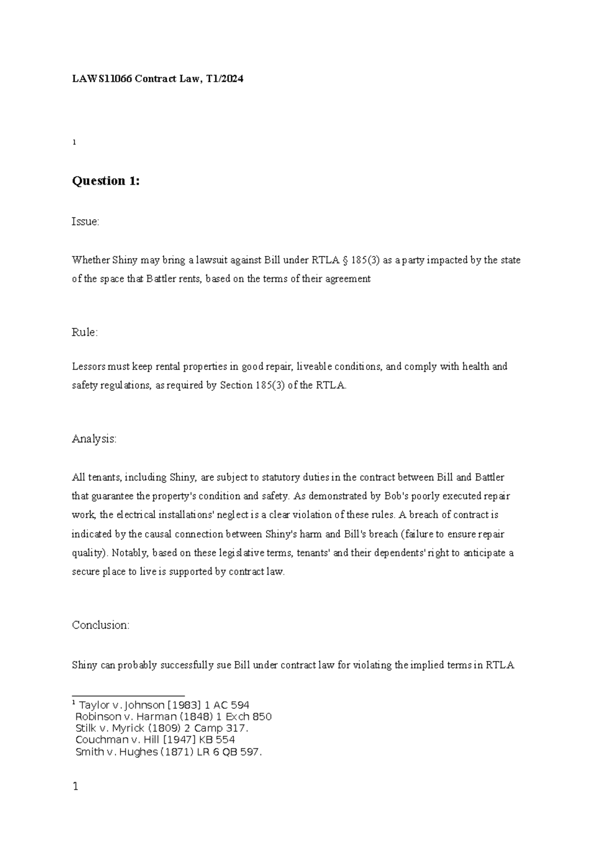 Example - Term 1 assessment 1 - LAWS11066 Contract Law, T1/ 1 Question ...