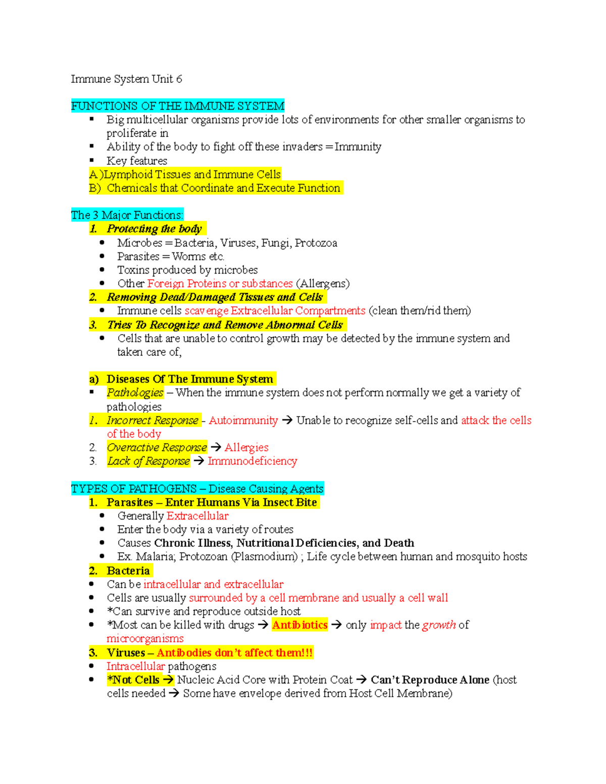 Immune System Unit 6 - Notes - Immune System Unit 6 FUNCTIONS OF THE ...