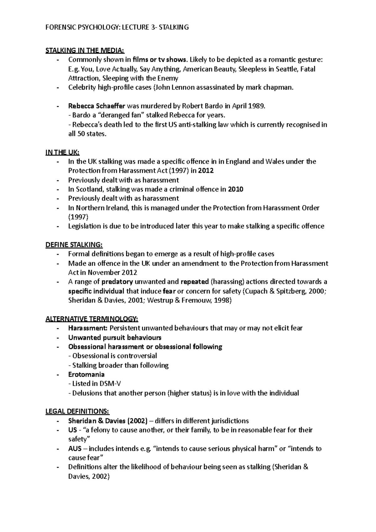 (3) Stalking - Lecture notes 3 - STALKING IN THE MEDIA: - Commonly ...