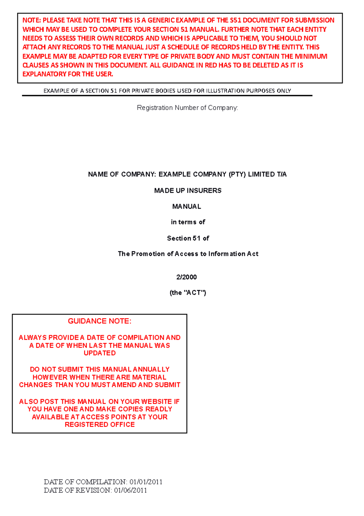 PAIA Manual - Example - EXAMPLE OF A SECTION 51 FOR PRIVATE BODIES USED ...