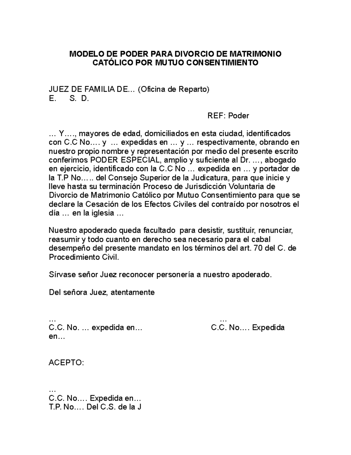 Modelo DE Poder PARA Divorcio DE Matrimonio Católico POR MUT - MODELO DE  PODER PARA DIVORCIO DE - Studocu