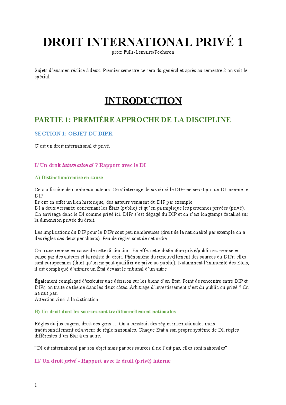 DIPr 1 - DROIT INTERNATIONAL PRIVÉ 1 Prof: Fulli-Lemaire/Pocheron ...