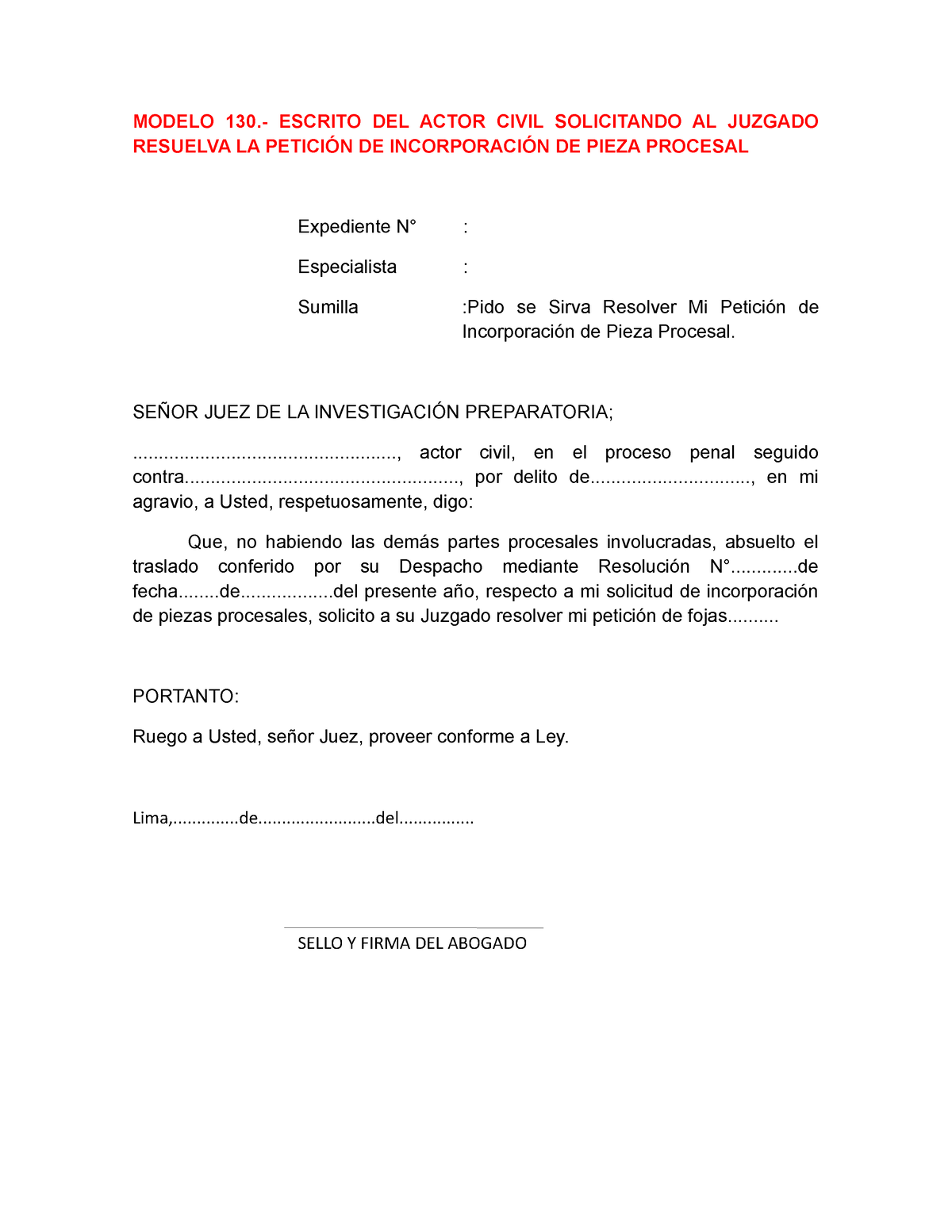 Modelo 130.- Escrito DEL Actor Civil Solicitando AL Juzgado Resuelva LA ...