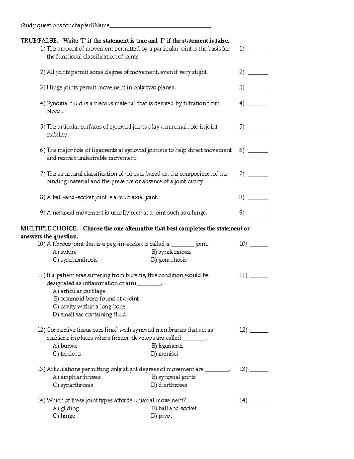 Chapter 8, joints-Study questions - Study questions for - Studocu