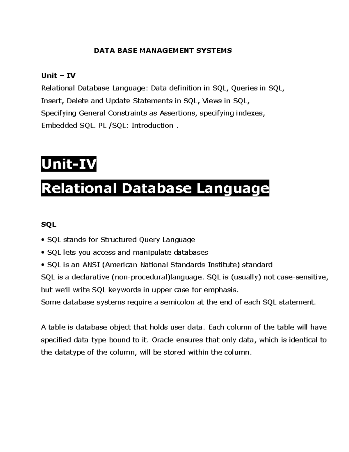 Chitra Unit4 Dbms - Lecture Notes 1 - DATA BASE MANAGEMENT SYSTEMS Unit ...