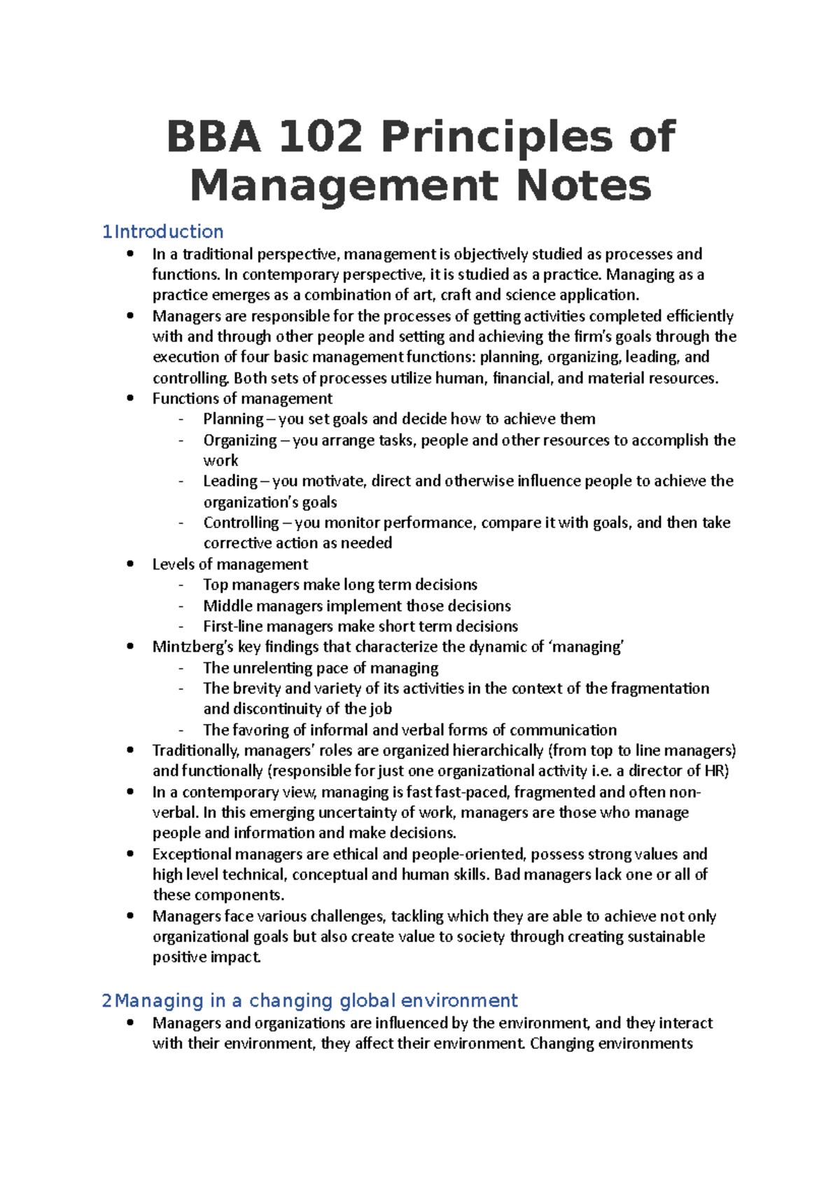 BBA102 Notes - BBA 102 Principles of Management Notes 1Introduction In ...