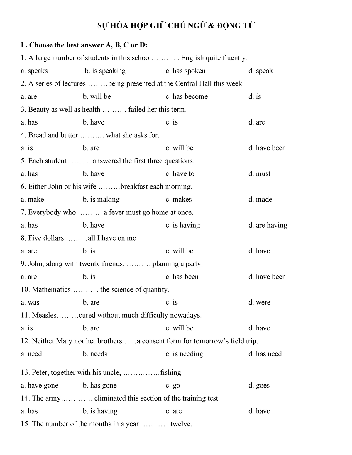 S-V agreement - jknkj - SỰ HÒA HỢP GIỮ CHỦ NGỮ & ĐỘNG TỪ I. Choose the ...