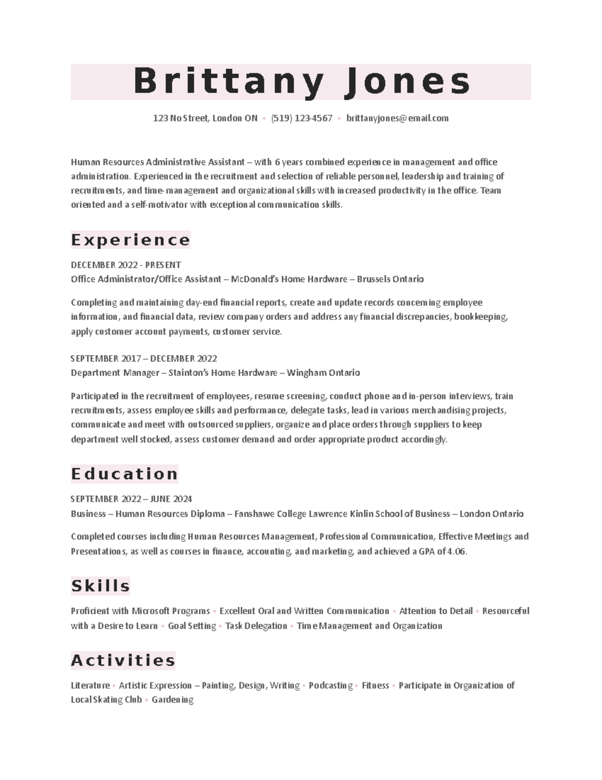 Brittany Jones - Resume - B r i t t a n y J o n e s 123 No Street ...