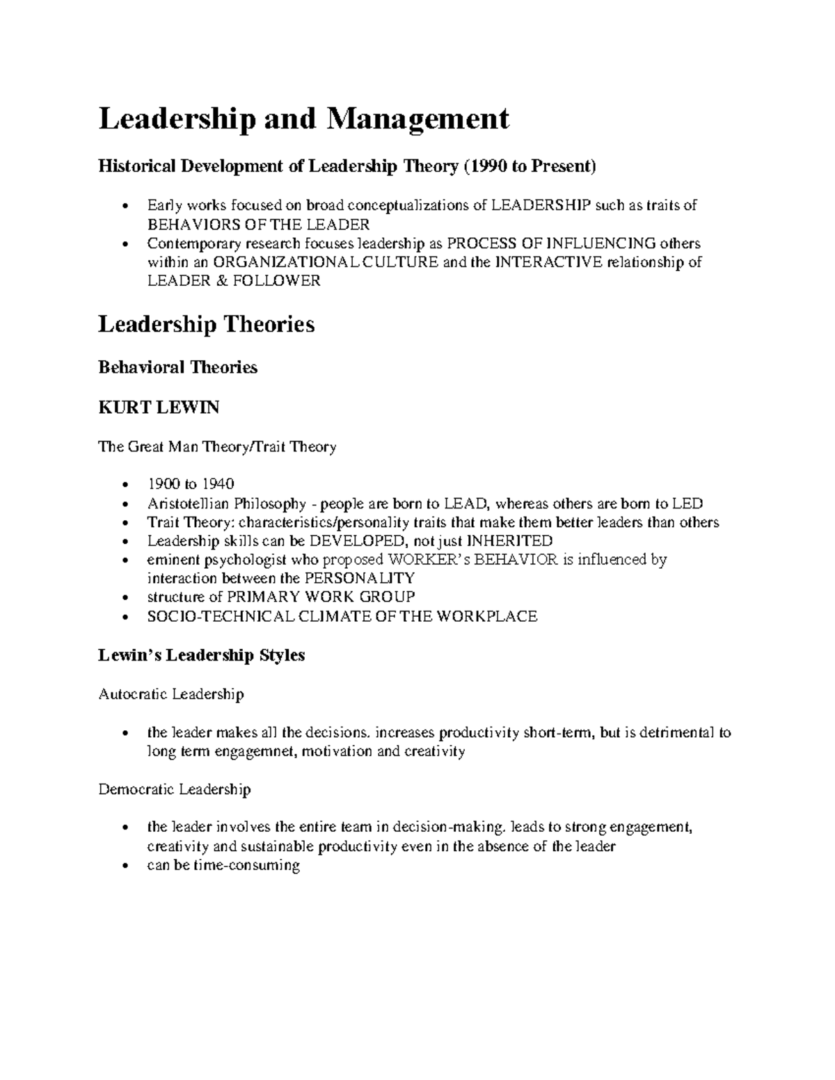 leadership and management theories assignment