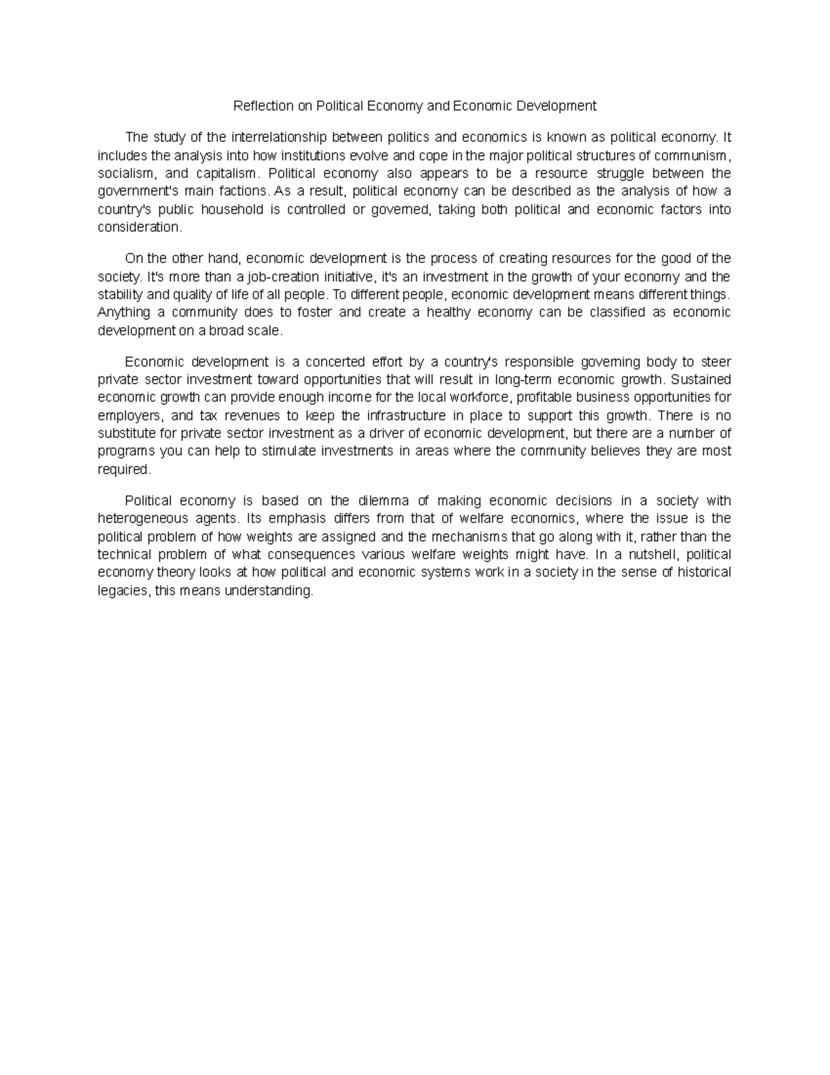 Reflection on Political Economy and Economic Development - It includes ...