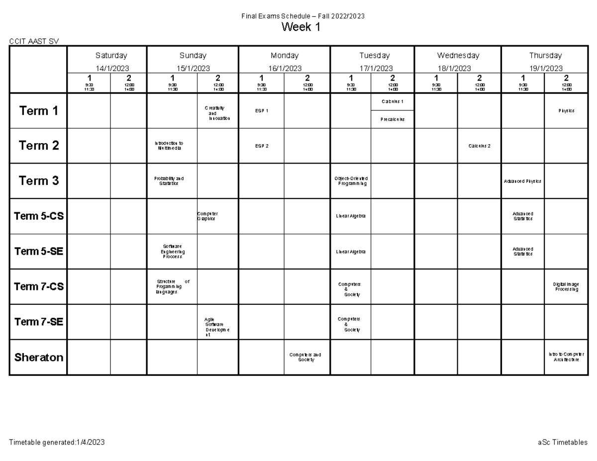 Final Scheduale 5-1-2023 - Final Exams Schedule – Fall 2022/ Week 1