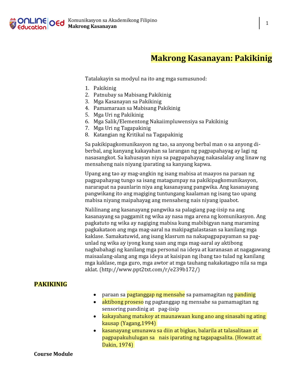 W9 Aralin 7 - Makrong Pangkasanayan, Pakikinig - Module - Komunikasyon ...