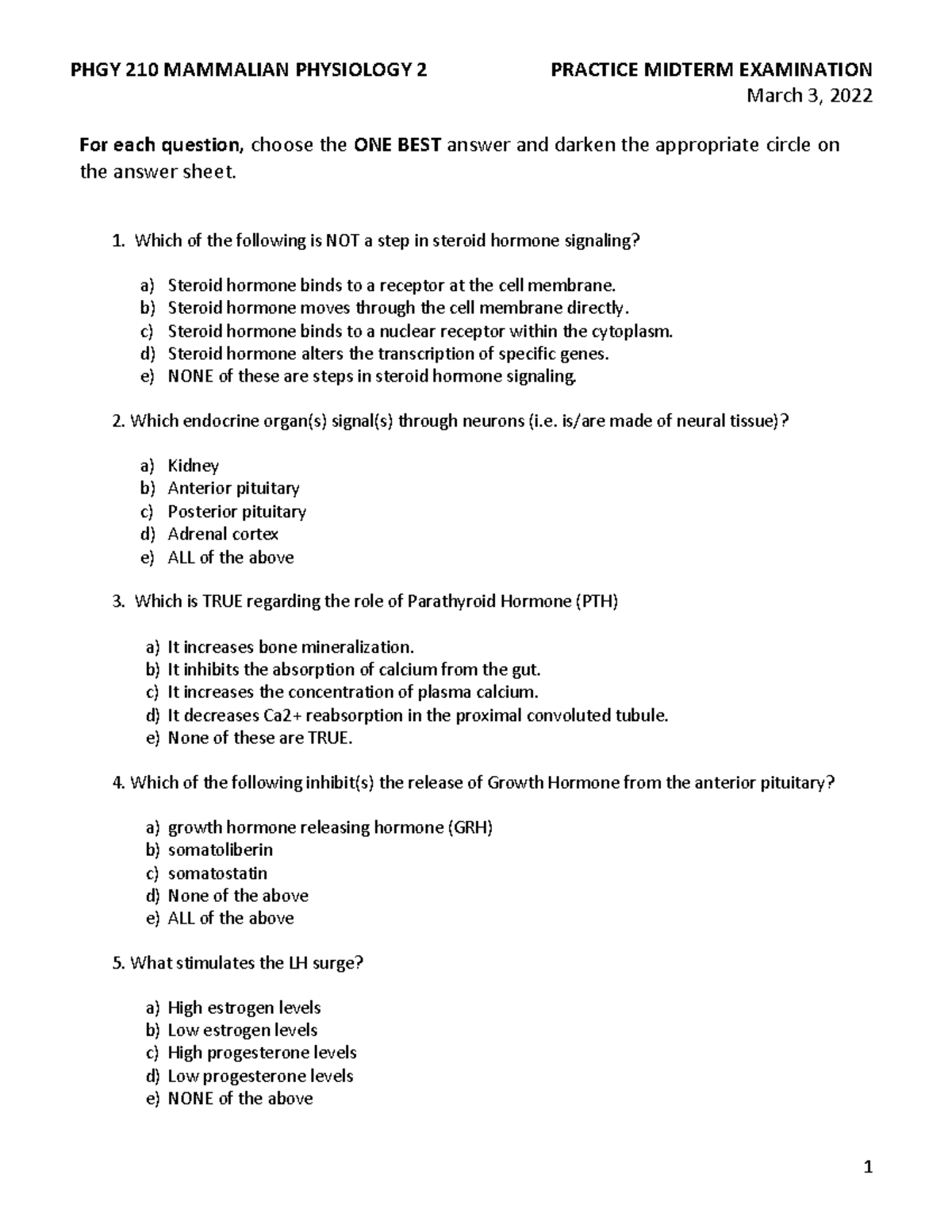 Practice Midterm March - March 3, 2022 For Each Question, Choose The ...