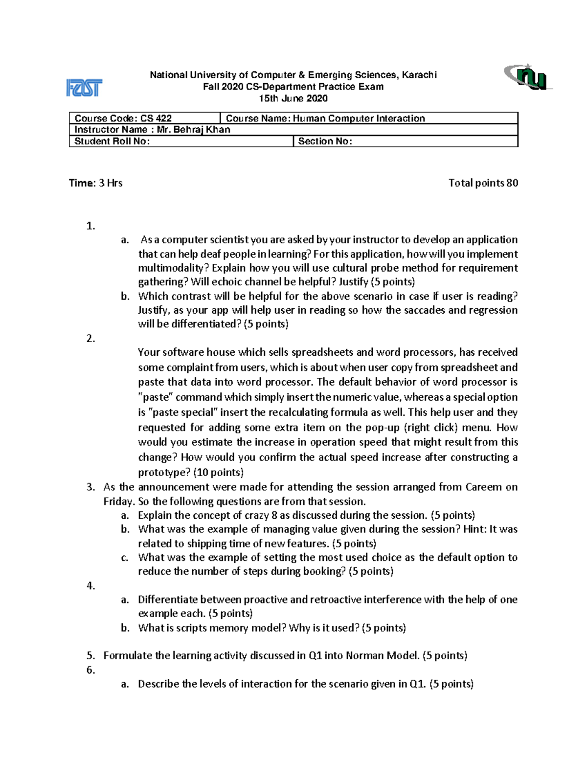 human computer interaction exam practice National University of