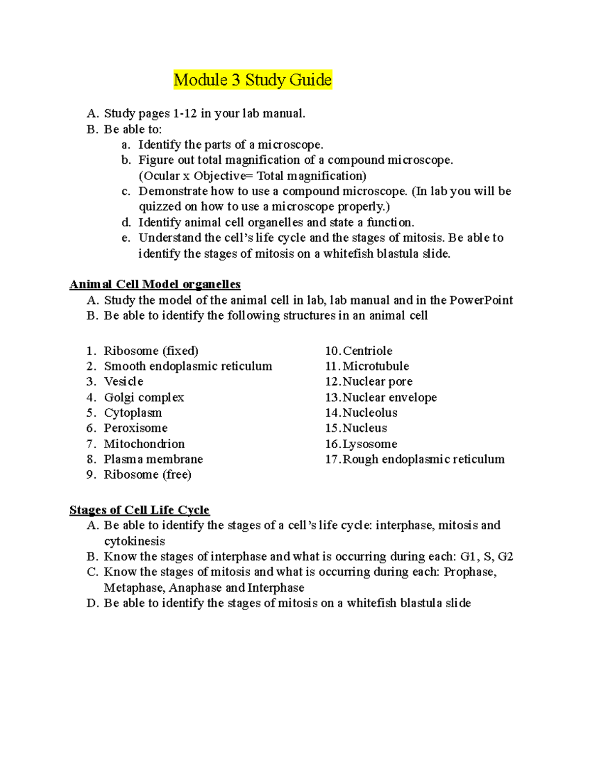 BSC2085L Module 3 Study Guide - Module 3 Study Guide A. Study Pages 1 ...