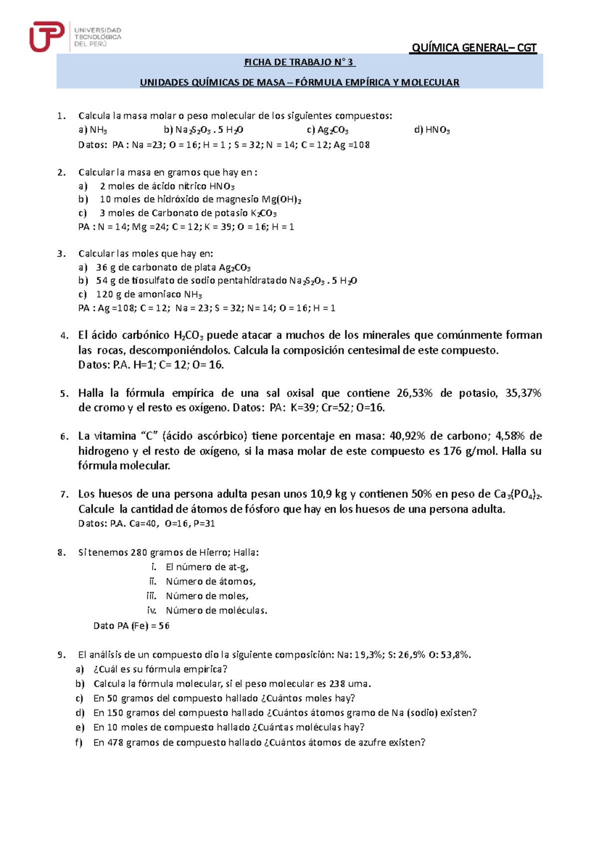 Subir - UNIDADES QUÍMICAS DE MASA – FÓRMULA EMPÍRICA Y MOLECULAR ...