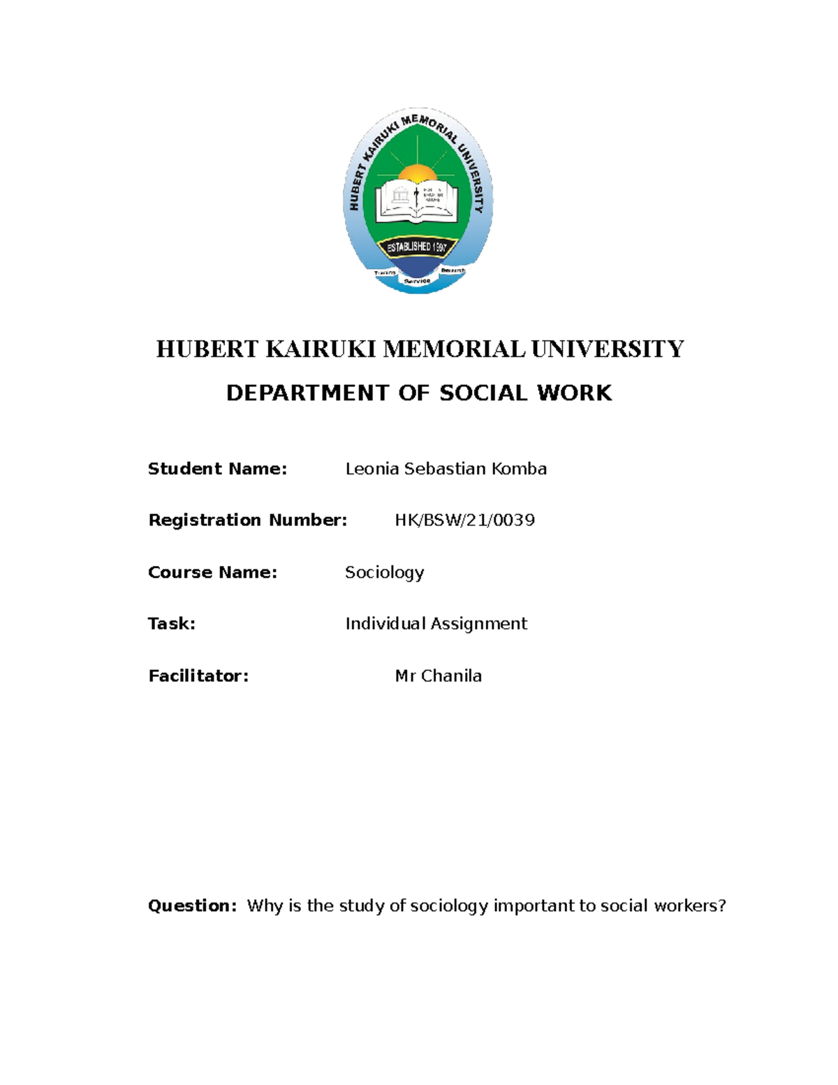 Individual Assignment - Leonia - HUBERT KAIRUKI MEMORIAL UNIVERSITY ...